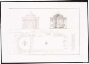 Fürstlicher Park, Sondershausen: Lageplan, Ansicht, Querschnitt Pavillon (aus: Architektonisches Album, Bd. 1, H.6, hrsg.v. Stüler, Knoblauch, Salzenberg, Strack, Runge, 1840)