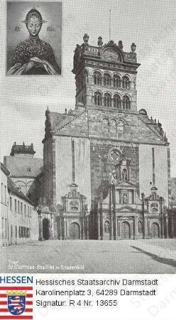 Trier, St. Matthiaskirche / Außenansicht und Gnadenbild in der oberen rechten Ecke