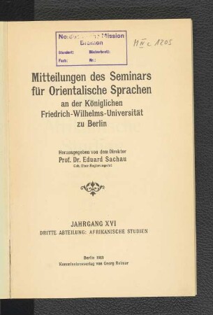 16.1913: Mitteilungen des Seminars für Orientalische Sprachen an der Friedrich Wilhelms-Universität zu Berlin