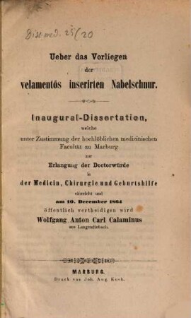 Ueber das Vorliegen der velamentös inserirten Nabelschnur : Inaug. Diss.