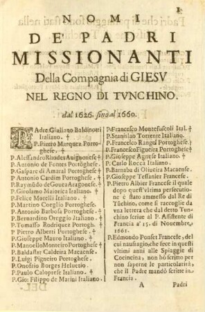 Nomi de Padri Missionanti della Compagnia di Giesu