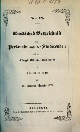 Amtliches Verzeichnis des Personals und der Studierenden der Albertus-Universität zu Königsberg i. Pr, 1878, SS = Nr. 98