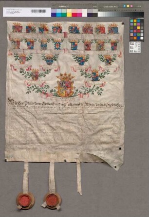 16er-Wappenahnentafel der Christina Gräfin zu Salm-Reifferscheidt. Bestätigt durch Carl Philipp Pfalzgraf bei Rhein, Wilhelm Landgraf zu Hessen- Hersfeld, Franz Georg Graf zu Manderscheid-Blankenheim-Gerolstein, Franz Wilhelm Graf zu Salm-Reifferscheid. Mit den 4 Unterschriften. 2 Siegel (von 4) in Holzkapselnerhalten.
