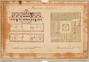 Das Freimaurer-Institut in Dresden-Friedrichstadt, Fassadenaufriss, Grundrisse und Lageplan mit Maßstäben in Dresdner Ellen