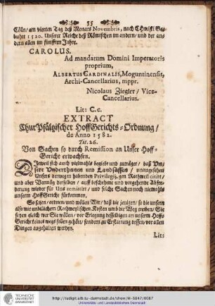 Lit: C.c. EXTRACT ChurPfältzischer HoffGerichts-Ordnung/ ...