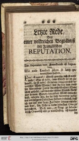 Letzte Rede, bey einer volkreichen Begraebniß der Franzoesischen Reputation