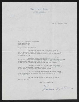 Brief von Frederick W. J. Heuser von Columbia University / Deutsches Haus  an Margarete Hauptmann