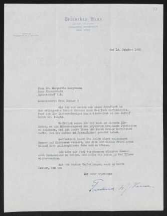 Brief von Frederick W. J. Heuser von Columbia University / Deutsches Haus <New York, NY> an Margarete Hauptmann