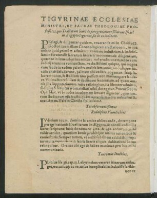 Tigurinae Ecclesiae Ministri, Et Sacrae Theologiae Professores, qui Tractatum hunc de peregrinatione filiorum Israel in Aegypto legerunt, sic de eo iudicant.