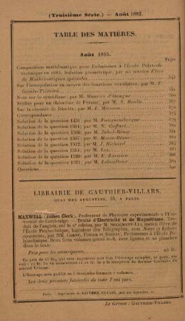 Table des matières. Aout 1885.