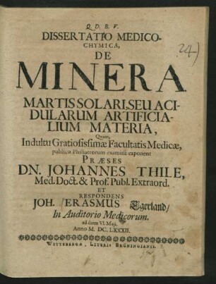 Dissertatio Medico-Chymica, De Minera Martis Solari, Seu Acidularum Artificialium Materia