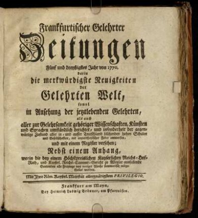 35: Frankfurtischer gelehrter Zeitungen Fünf und dreyßigstes Jahr