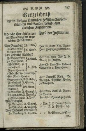 Verzeichniß der in hiesigen saemtlichen hessischen Fuerstenthuemern und Landen befindlichen adelichen Justitiarien