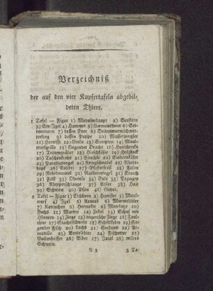 Verzeichniß der auf den vier Kupfertafeln abgebildeten Thiere.