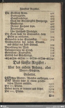 Das fünffte Register, Uber den andern Anhang, oder Wetter-Büchlein