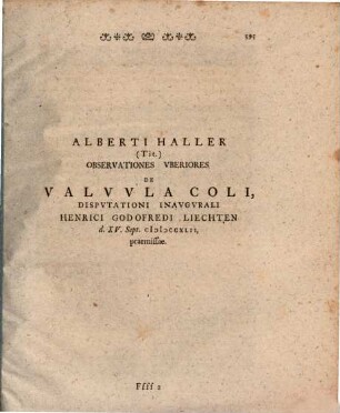 Alberti Haller observationes uberiores de valvula coli : disputationi inaugurali Henrici Godofredi Liechten ... MDCCXLII praemissae