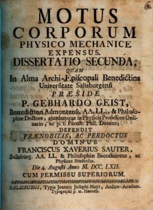 Motus corporum physico-mechanice expensus : Dissertatio secunda