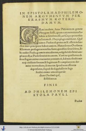 Epistola Ad Philemonem cum Argumento