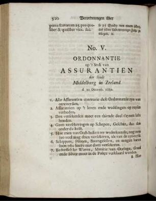 No. V. Ordonnantie po't Stuk van Assurantanien der Stadt Middelburg in Zeeland.