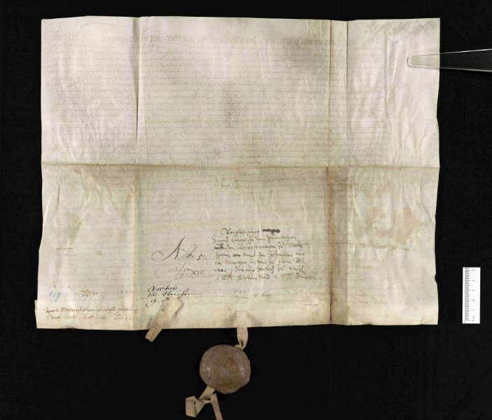 Landhofmeister Hans Dietrich von Plieningen und das Kloster Steinheim vergleichen sich wegen des Zehnten aus 14 Morgen Acker zu Kleinbottwar.