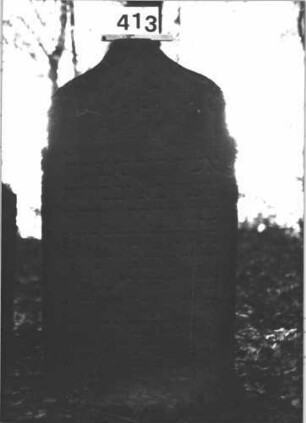 Grabstein 413 (Index: 99898279) Material: Sandstein Zustand: stellenweise angewittert Maße HxBxT: 130x65x9 cm Beschreibung: Stele mit Schulterbogenabschluss: Grabstein 413