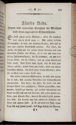 Fünfte Rede. Innere und wesentliche Gleichheit der Menschen nach ihren angebohrnen Schwachheiten. - Sechste Rede. Gleichheit der Menschen nach ihrer Bestimmung.