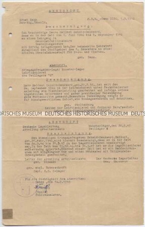Abschriften verschiedener Beschäftigungsbescheinigungen für einen ehemaligen deutschen Kriegsgefangenen