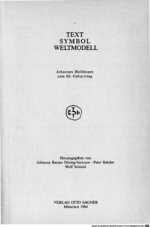 Text, Symbol, Weltmodell : Johannes Holthusen zum 60. Geburtstag