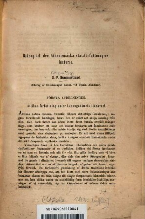 Bidrag till den Atheniensiska statsförfattningens historia