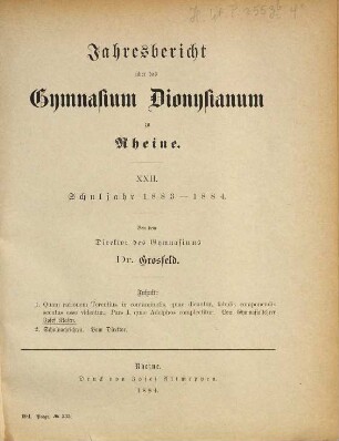 Jahresbericht über das Gymnasium Dionysianum zu Rheine : Schuljahr .... 1883/84 = 22