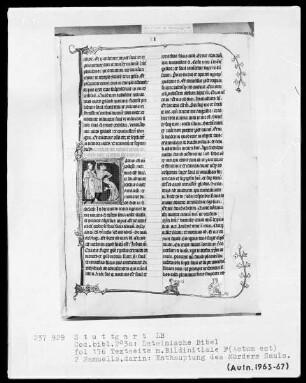 Lateinische Bibel, drei Bände — Initiale F (actum est), darin Enthauptung des Mörders Sauls, Folio 176recto