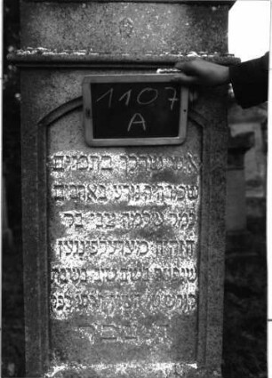 Grabstein 1107 (Index: 100104177) Material: Muschelkalk Zustand: Sockel mit Flechten bewachsen, gut erhalten Maße HxBxT: 195x51x20 cm Beschreibung: aufgesockelte Stele mit unten mehrfach profiliertem Giebelaufsatz, Aufsatz mit Voluten und stilisiertem Akanthus, Schriftfeld eingetieft, mit Segmentbogenabschluss, deutsche Inschrift durch rechteckige Linie gerahmt Symbolik: Voluten, Akanthus: Grabstein 1107A