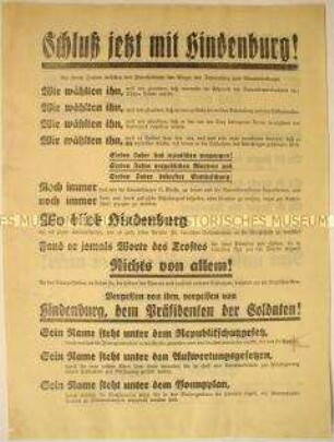 Nationalsozialistisches Flugblatt gegen die Wiederwahl von Hindenburg zum Reichspräsidenten