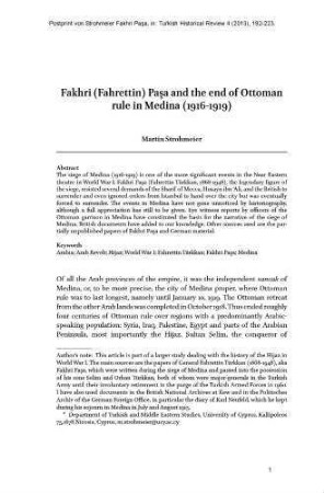 Fakhri (Fahrettin) Paşa and the end of Ottoman rule in Medina (1916-1919)