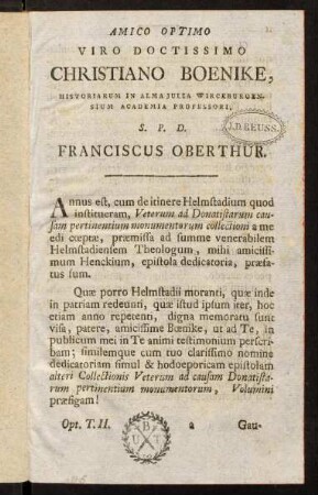 I-CVI, Amico Optimo Viro Doctissimo Christiano Boenike, Historiarum In Alma Julia Wirceburgensium Academia Professori S. P. D. Franciscus Oberthur.