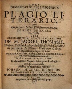 Dissertatio Philosophica De Plagio Literario