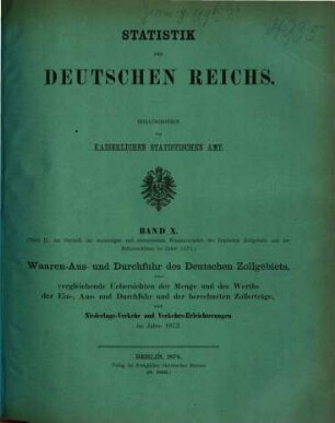 Auswärtiger und überseeischer Waarenverkehr des deutschen Zollgebiets und der Zollausschlüsse. 10 = 1873 (1875)