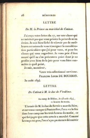[Lettres]. Lettre De M. Le Prince au maréchal de Catinat. Lettre De Catinat à M. le duc de Vendôme.