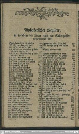 Alphabetisches Register, in welchem die Lieder nach den Seitenzahlen aufzuschlagen sind