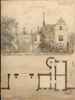 Parkeingang Monatskonkurrenz Oktober 1883: Grundriss Erdgeschoss, Aufriss Straßenansicht; Maßstabsleiste