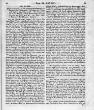 Magazin für Pferdezucht, Veredelung der Pferde und äußere Pferdekenntniß. H.1. Hrsg. v. G. G. Ammon. Hildburghausen: Keßelring 1826
