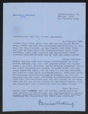 Brief von Bernhard Ercklentz an Gerhart Hauptmann