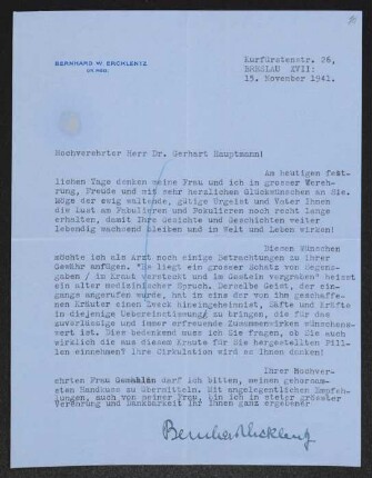 Brief von Bernhard Ercklentz an Gerhart Hauptmann
