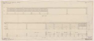 Kabelwerk Dr. Cassirer, Berlin-Spandau: Garage und Tischlerei, Nord-, Süd-Front, Ansichten und Schnitt 1:50