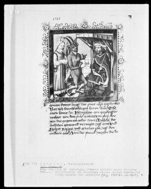 Jacobus Palladini de Anacharano, Prozeß des Teufels Belial mit Christus; der 'Grüne Teufel' — Belial überreicht Salomon ein Schreiben in Anwesenheit von Moses