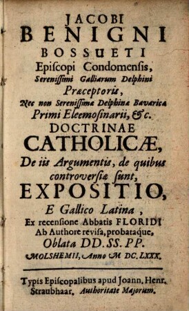 Doctrinae catholicae, de iis argumentis, de quibus controversiae sunt, expositio