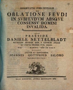 Diss. ... de oblatione feudi in subfeudum absque consensu domini invalida
