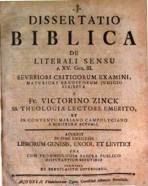 Dissertatio Biblica De Literali Sensu v. XV. Gen. III.