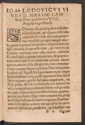 Ioa. Lodovicus Vives D. Mariae Cambriae Principi, Henrici VIII. Angliae regis filiae S.