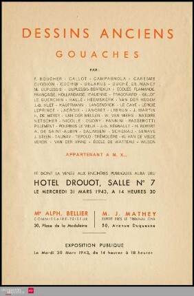 Dessins anciens : gouaches : par: F. Boucher, Callot, Campagnola, Caresme [und weitere] : appartenant à M. X... : dont la vente aux enchères publiques aura lieu Hôtel Drouot, Salle No 7, le mercredi 31 mars 1943